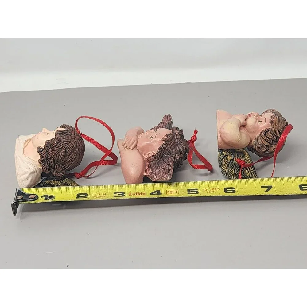 Set Of 3‎ Resin Angel Cherub Ornaments With Green Wings & Red Ribbon Hangers
